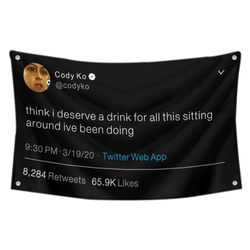 Cody Ko - Think I deserve a drink for all this sitting around ive been doing Funny Twitter Flag Banner Black