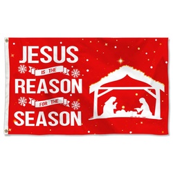 Christmas Jesus is The Reason for Season Nativity Manger Scene Flag Banner